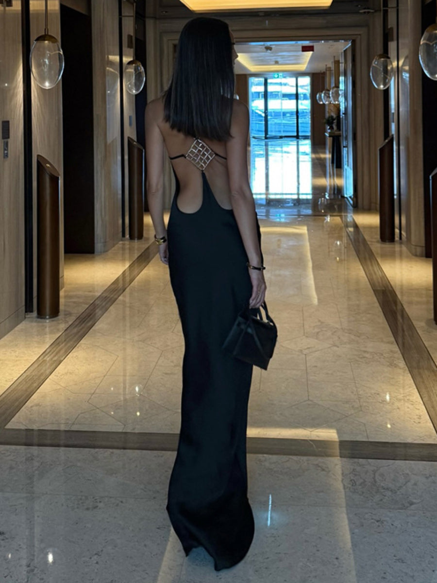 Satin Rhinestone Mesh Back Cutout Spaghetti Strap Floor Length Mermaid Maxi Dress