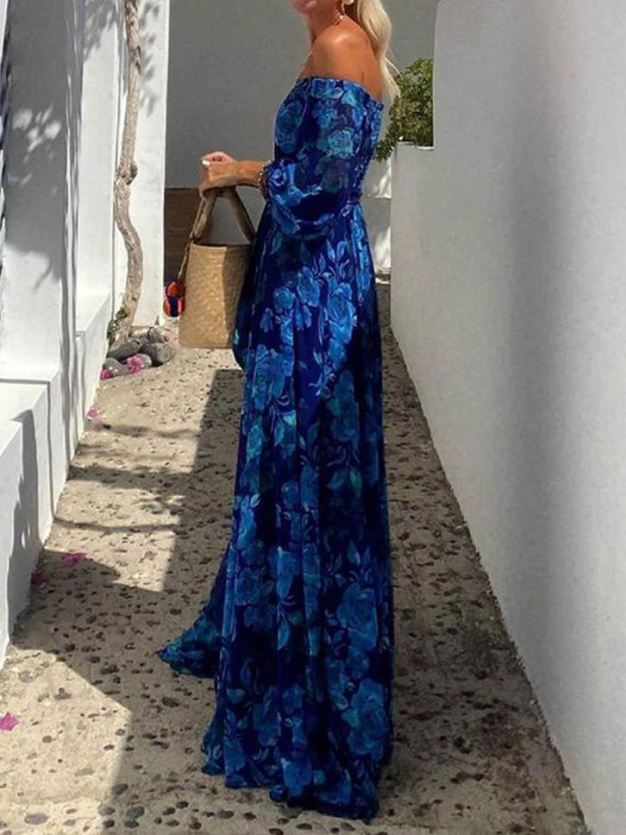 Royal Blue Floral Off Shoulder Puff Sleeve Chiffon Maxi Dress