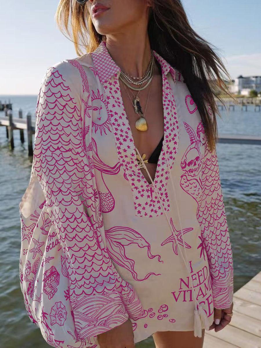 Cream Mermaid Ocean Print Tassel V Neck Long Sleeve Blouse & High Waist Shorts Two Piece Set