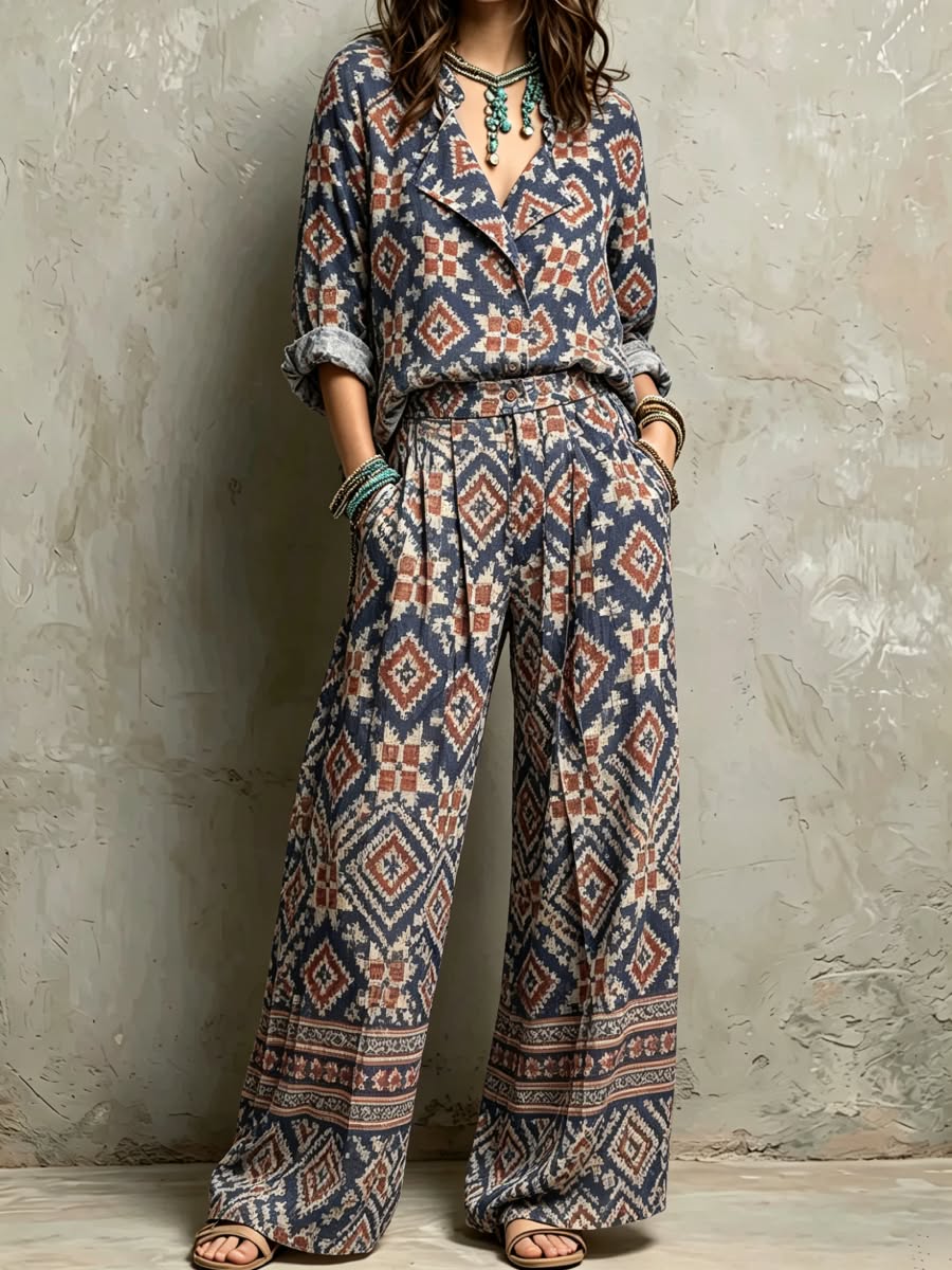 Aztec Geometric Diamond Print Boho Two Piece Set