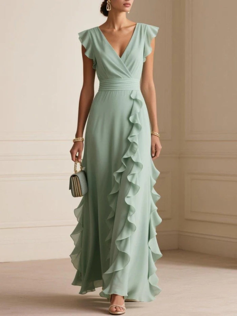 Chiffon Wrap V Neck Ruffle Cap Sleeve High Waist Side Ruffle Maxi Dress