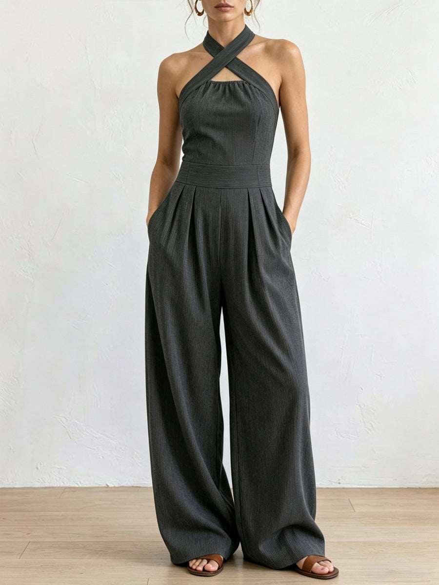 Vertical Ribbed Crisscross Halter Cutout Wide Leg Jumpsuit
