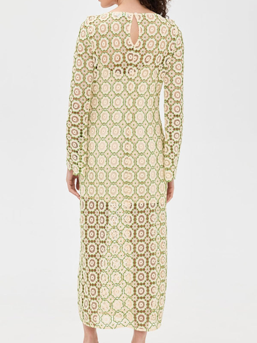Cream Base Green Floral Circle Lace Long Sleeve Flare Cuff Midi Dress