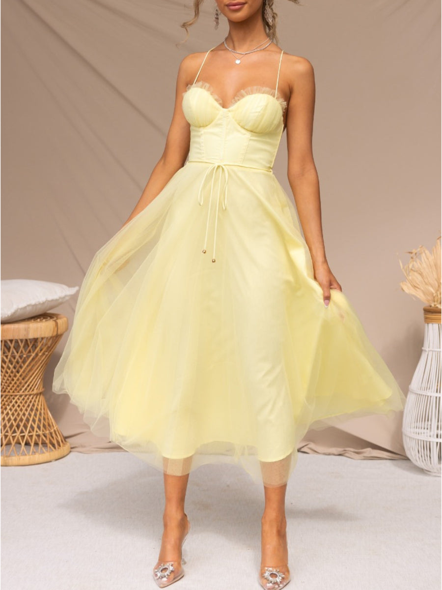 Romantic Ruched Sweetheart Thin Strap Multi-Layer Tulle Midi Dress