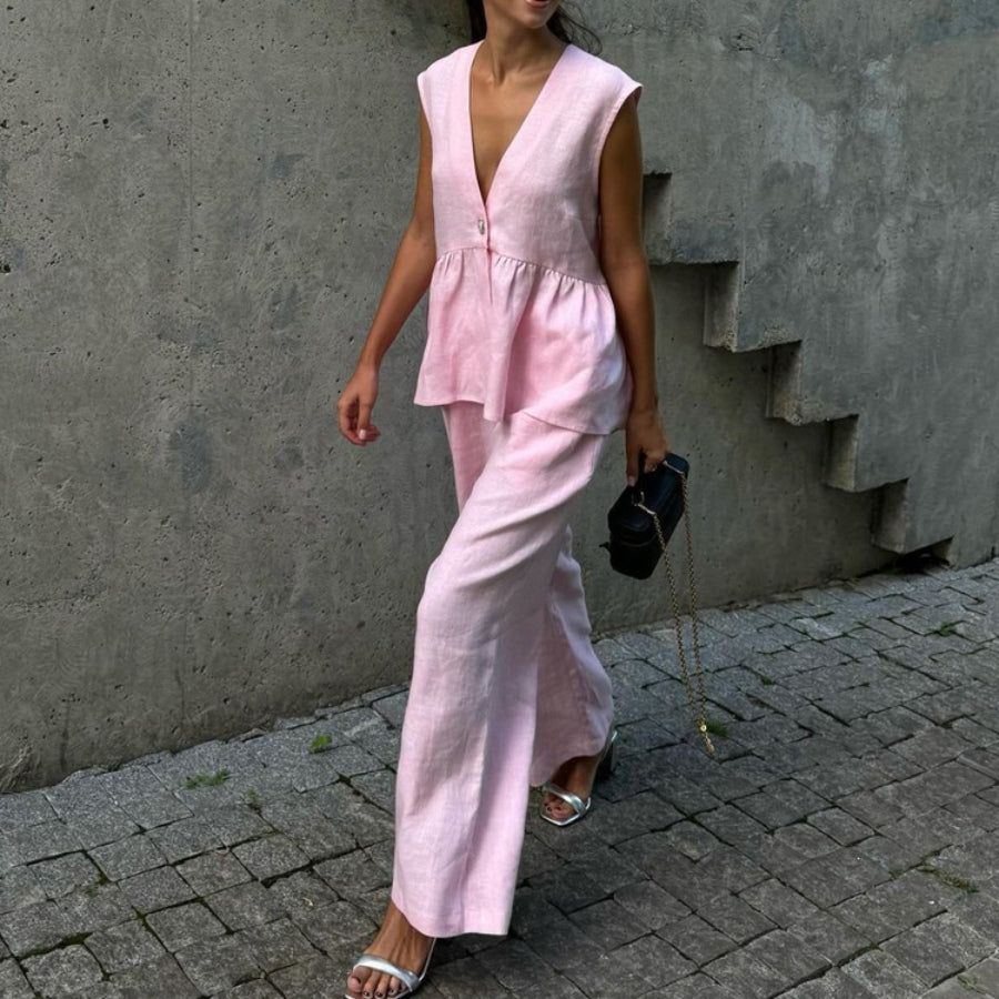 Linen Sleeveless V Neck Peplum Top Wide Leg Pants Two Piece Matching Pants Set