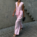 Linen Sleeveless V Neck Peplum Top Wide Leg Pants Two Piece Matching Pants Set