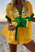 Linen-blend collared shirt with elastic-waist shorts two-piece co-ord set