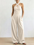 Vertical Ribbed Crisscross Halter Cutout Wide Leg Jumpsuit