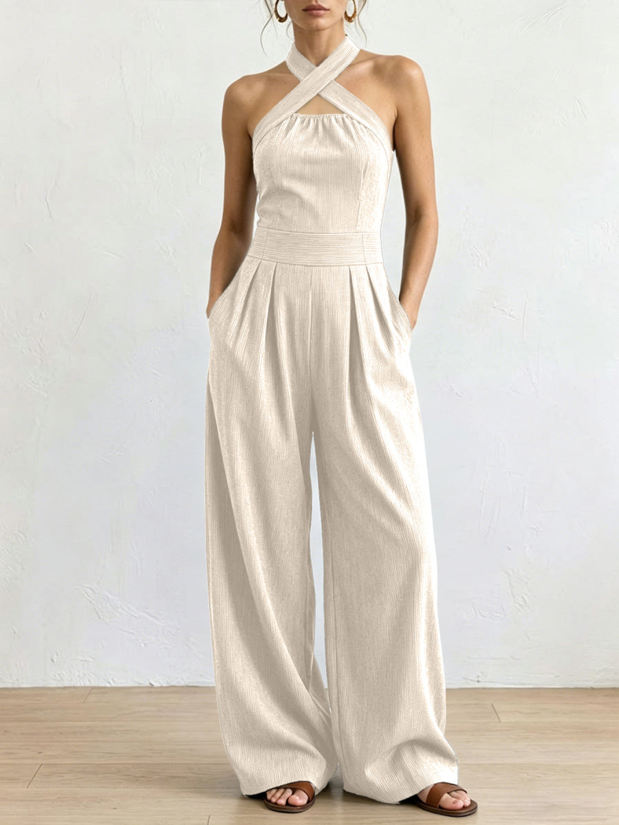 Vertical Ribbed Crisscross Halter Cutout Wide Leg Jumpsuit