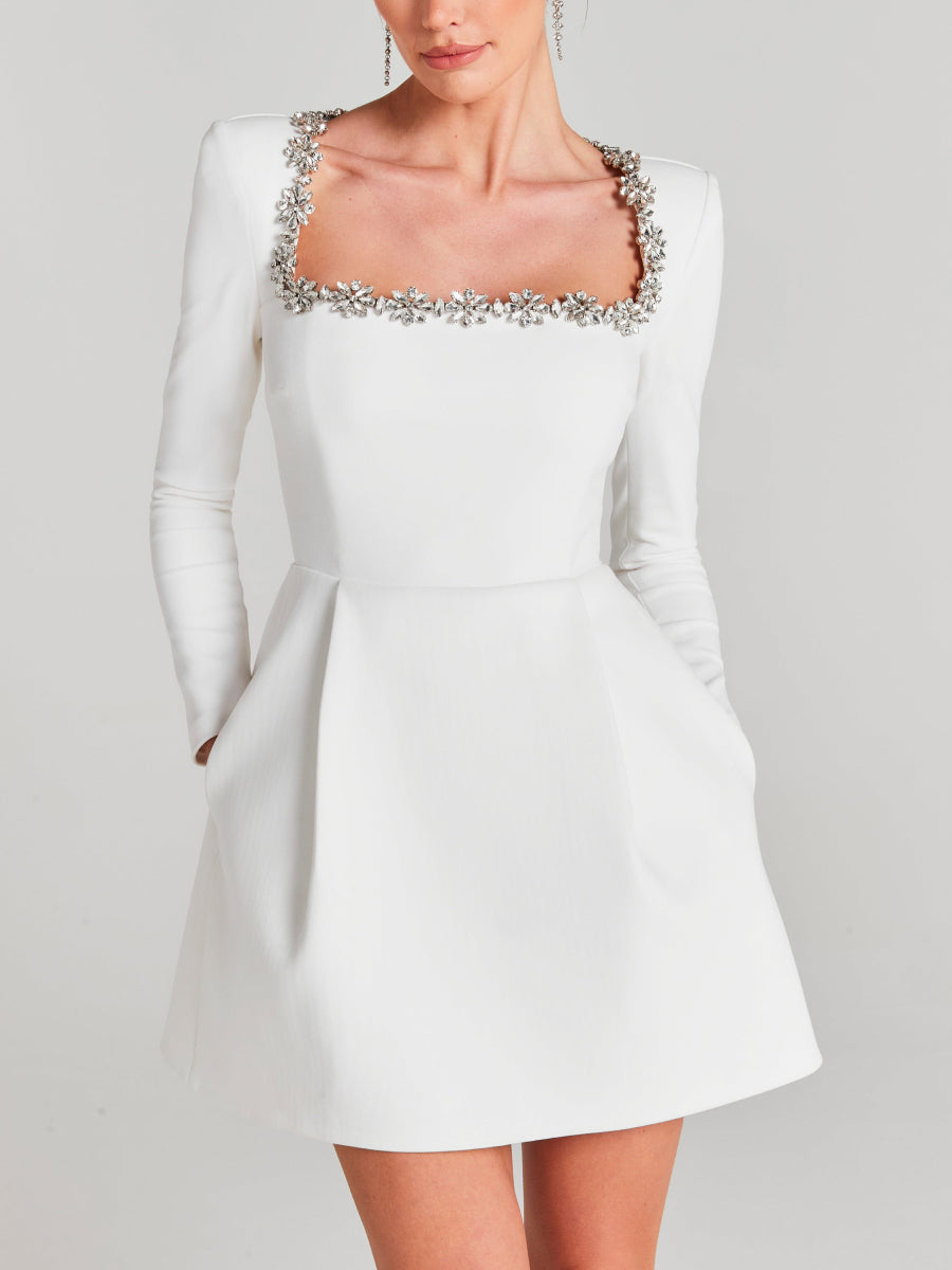 Velvet Jewel Embellished Trim Long Sleeve Pocketed Mini Dress