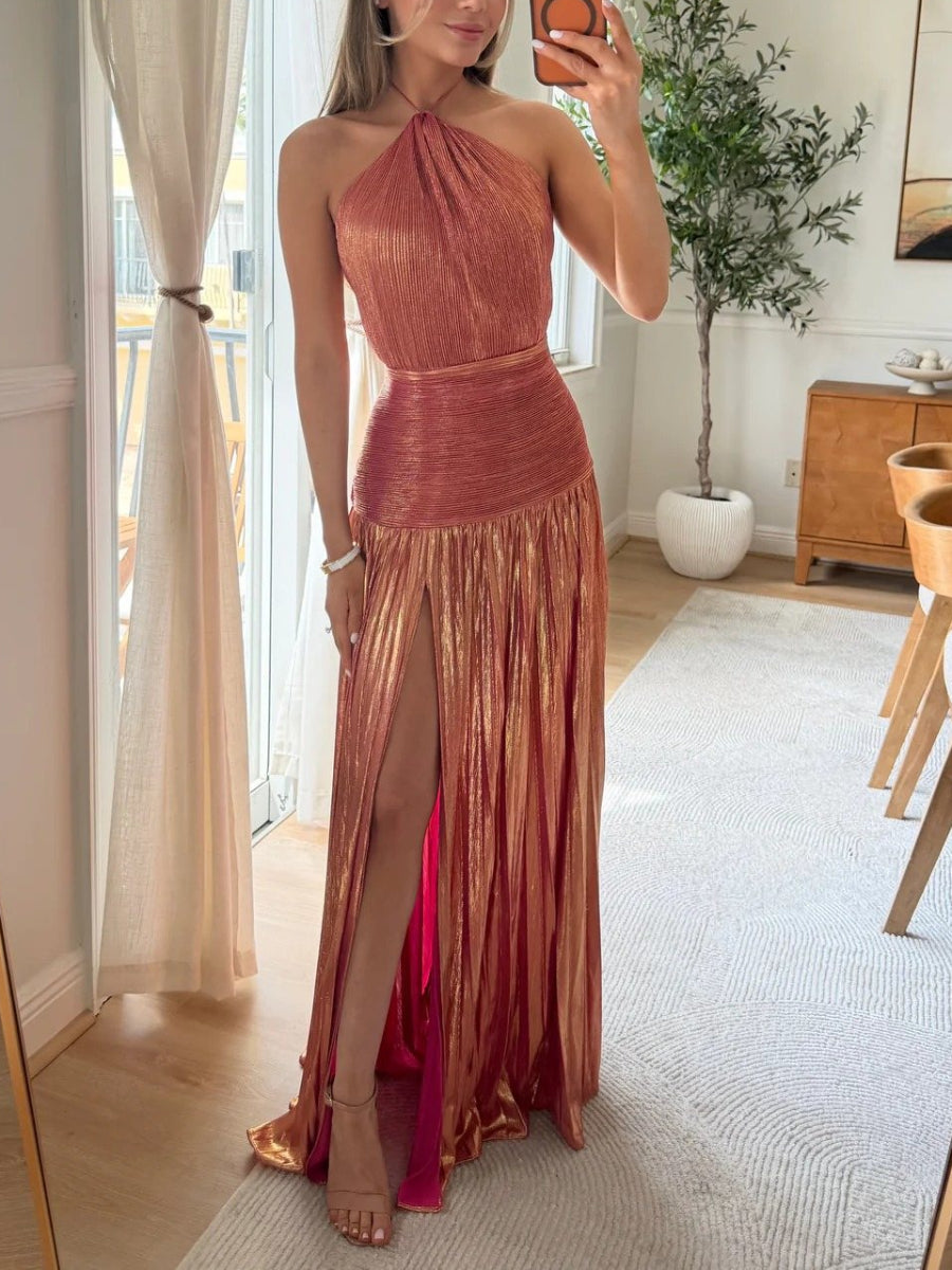 Metallic pleated slit halter neck maxi dress Main image