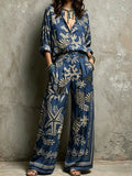 Navy Blue Ocean Starfish Shell Print Boho Two Piece Set