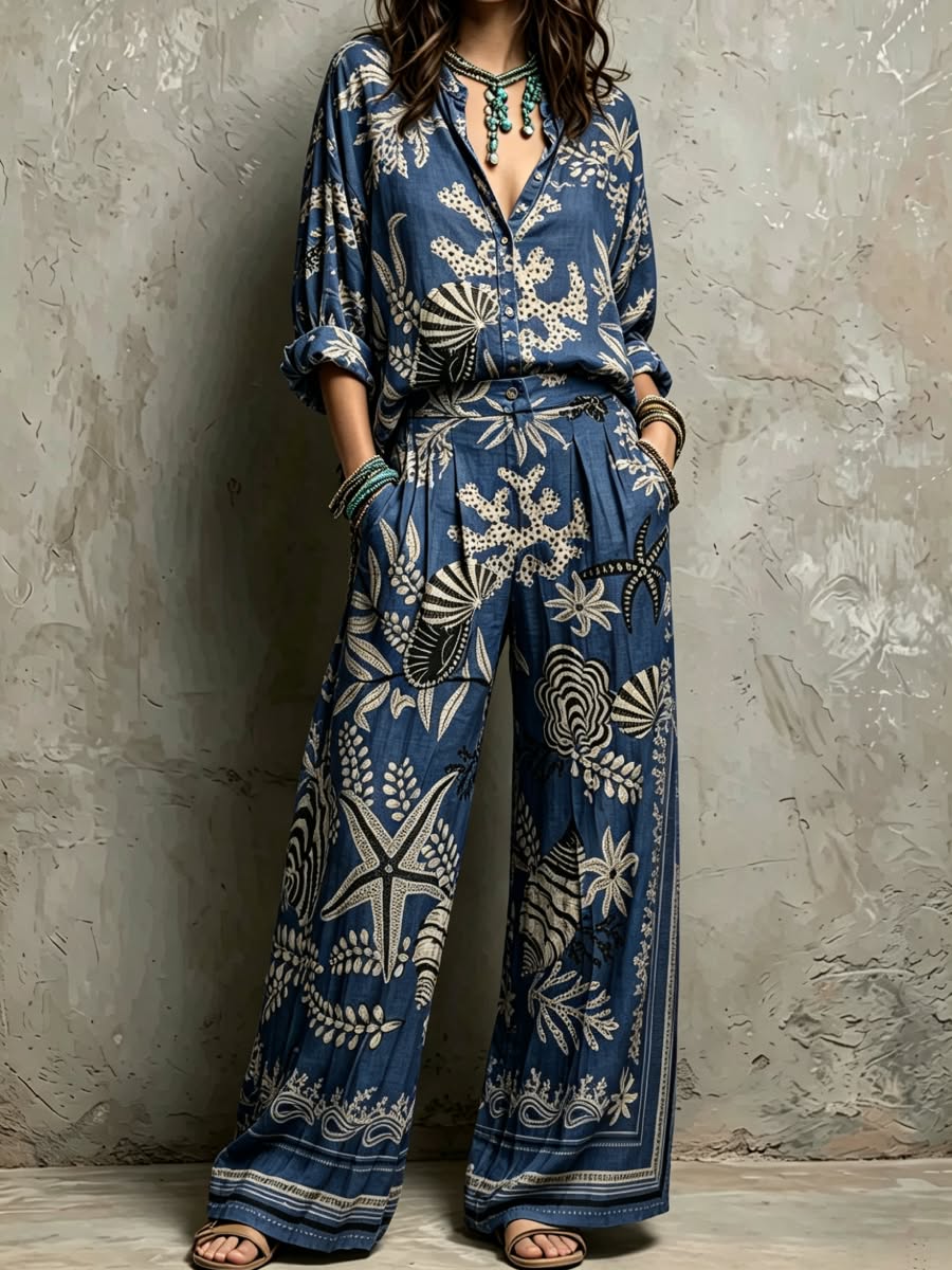 Navy Blue Ocean Starfish Shell Print Boho Two Piece Set
