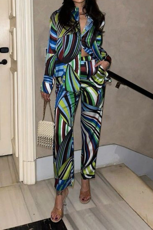 Multicolor printed linen-blend long-sleeve shirt with wide-leg pants two-piece set