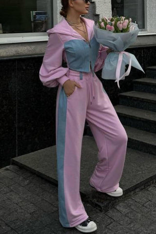 Denim Patchwork Hoodie and Pants Set