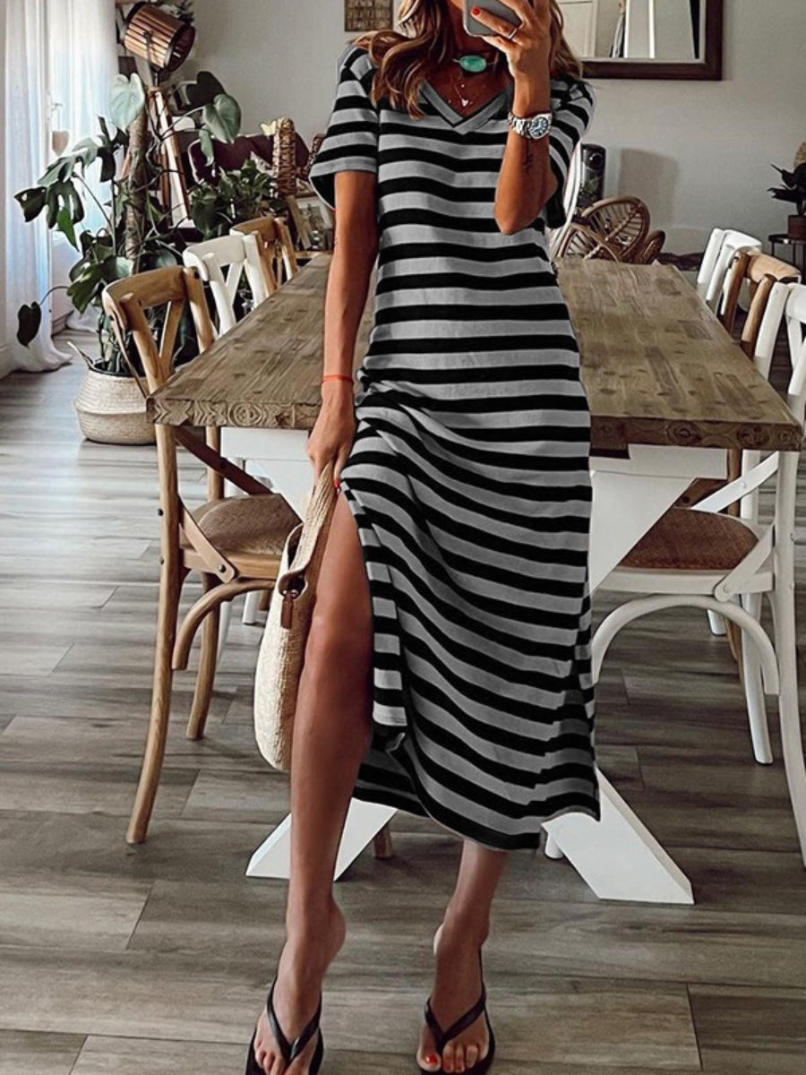 Basics Stripe V Neck Casual Midi Dress