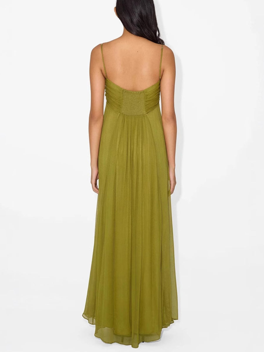 Olive Green Thin Strap Keyhole Cutout Ruched Bust Flowy Chiffon Maxi Dress