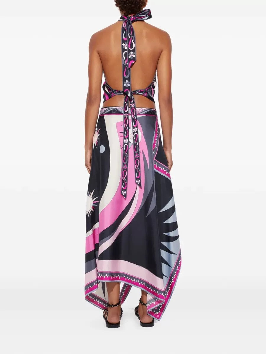 Retro Graphic Sun Pattern Sleeveless Halter Top Asymmetric Slit Midi Skirt Matching Set