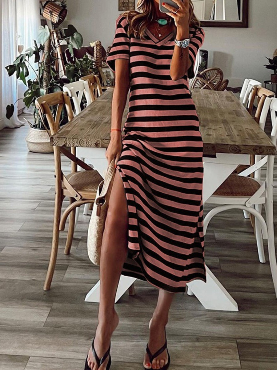 Basics Stripe V Neck Casual Midi Dress