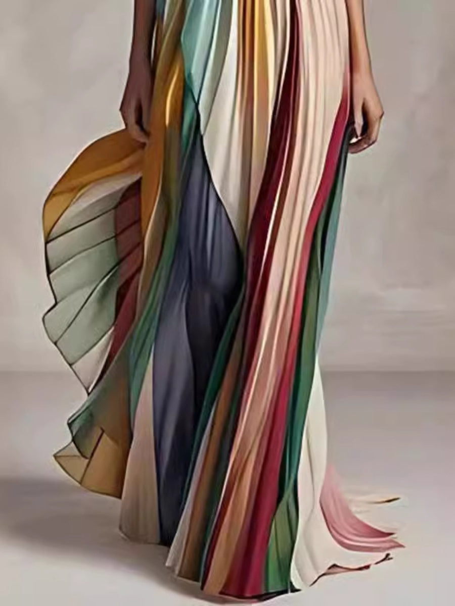 Rainbow Vertical Stripe Strapless Pleated Chiffon Maxi Gown Color Block Backless Train Evening Dress
