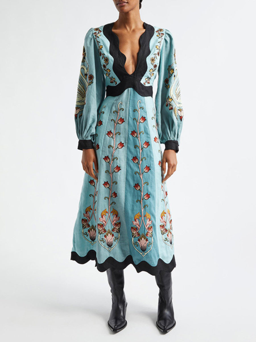 Printed Deep-V Lantern-Sleeve Cut-Out Backless Midi Vacation Dress