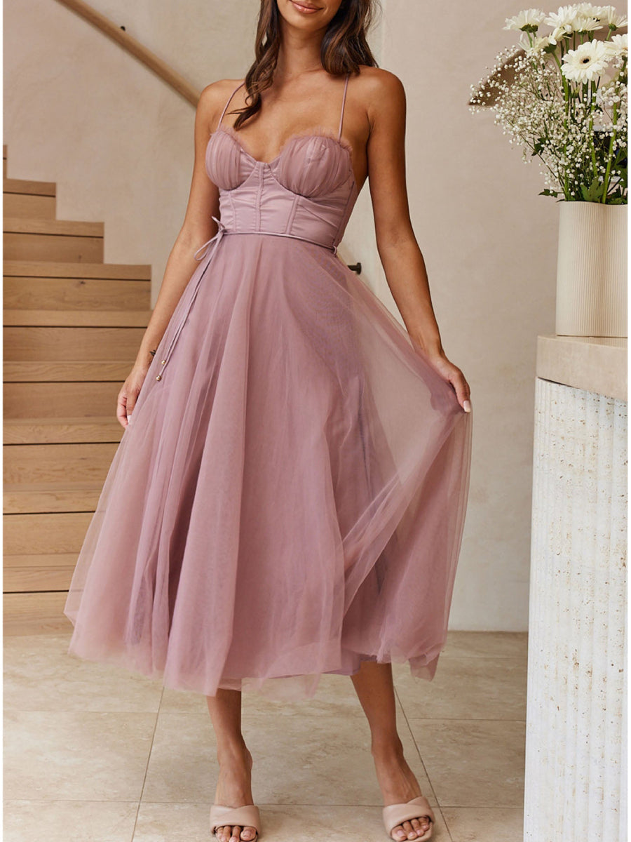 Romantic Ruched Sweetheart Thin Strap Multi-Layer Tulle Midi Dress