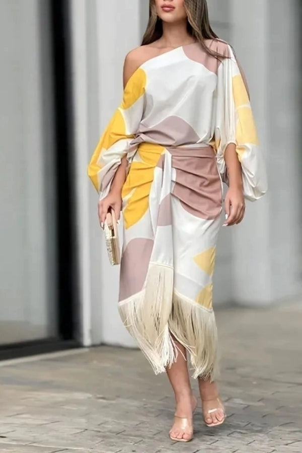 Lantern sleeve loose top with tassel hem skirt set Image principale du produit