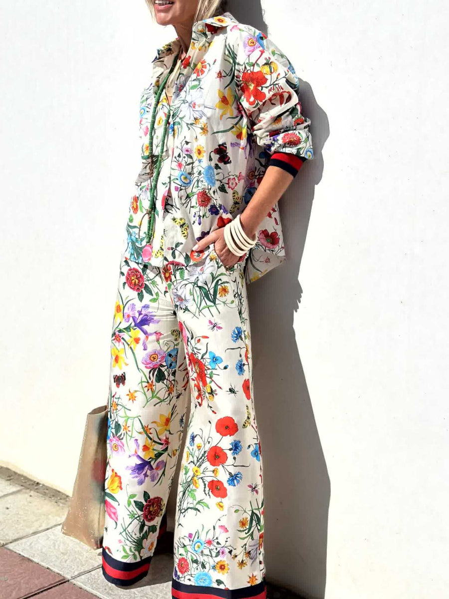 White Base Vibrant Wild Floral Print Collar Shirt Wide Leg Pants Two Piece Matching Pants Set