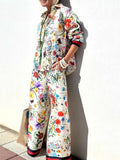 White Base Vibrant Wild Floral Print Collar Shirt Wide Leg Pants Two Piece Matching Pants Set