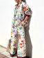 White Base Vibrant Wild Floral Print Collar Shirt Wide Leg Pants Two Piece Matching Pants Set