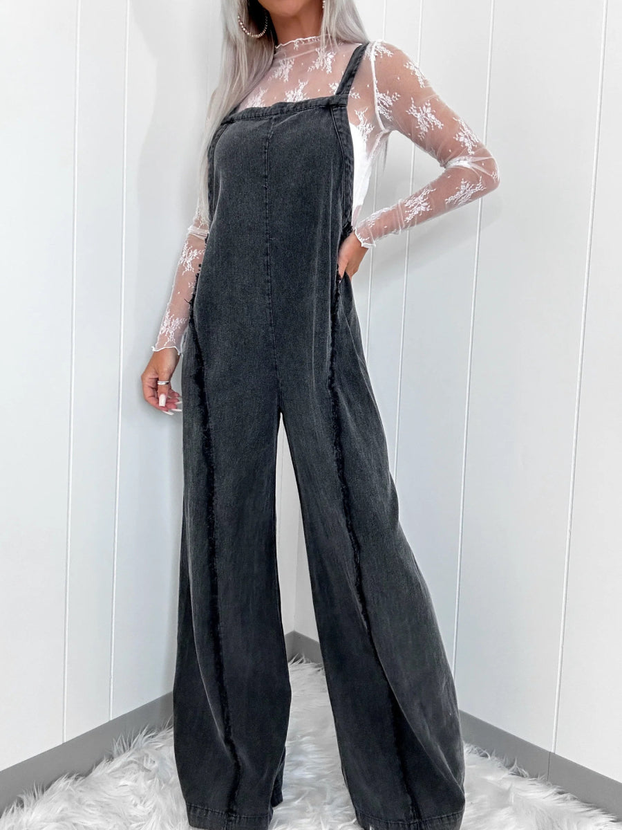 Light Acid Wash Frayed Edge Wide Leg Denim Overalls Jumpsuit