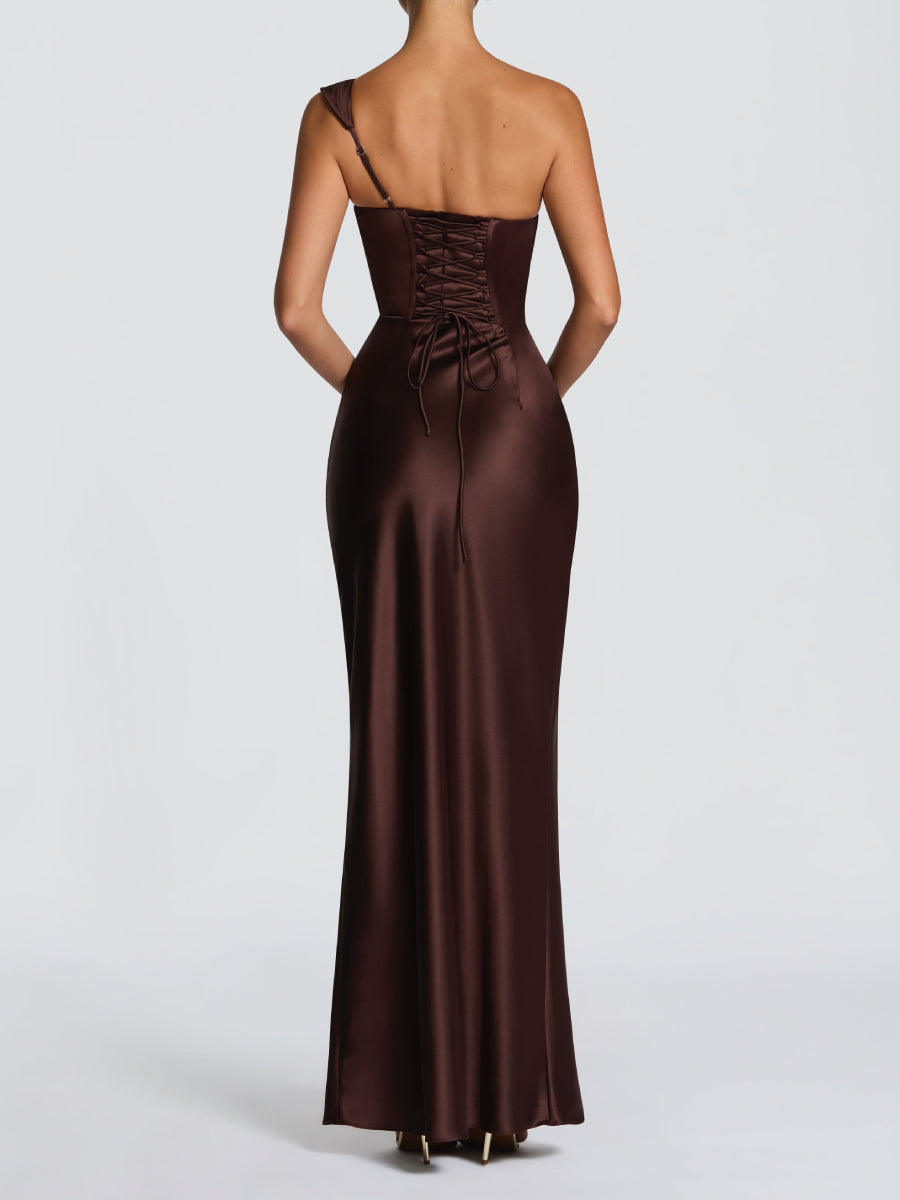 One Shoulder Cowl Neck Boned Corset Ruched Satin Mermaid Maxi  Dress