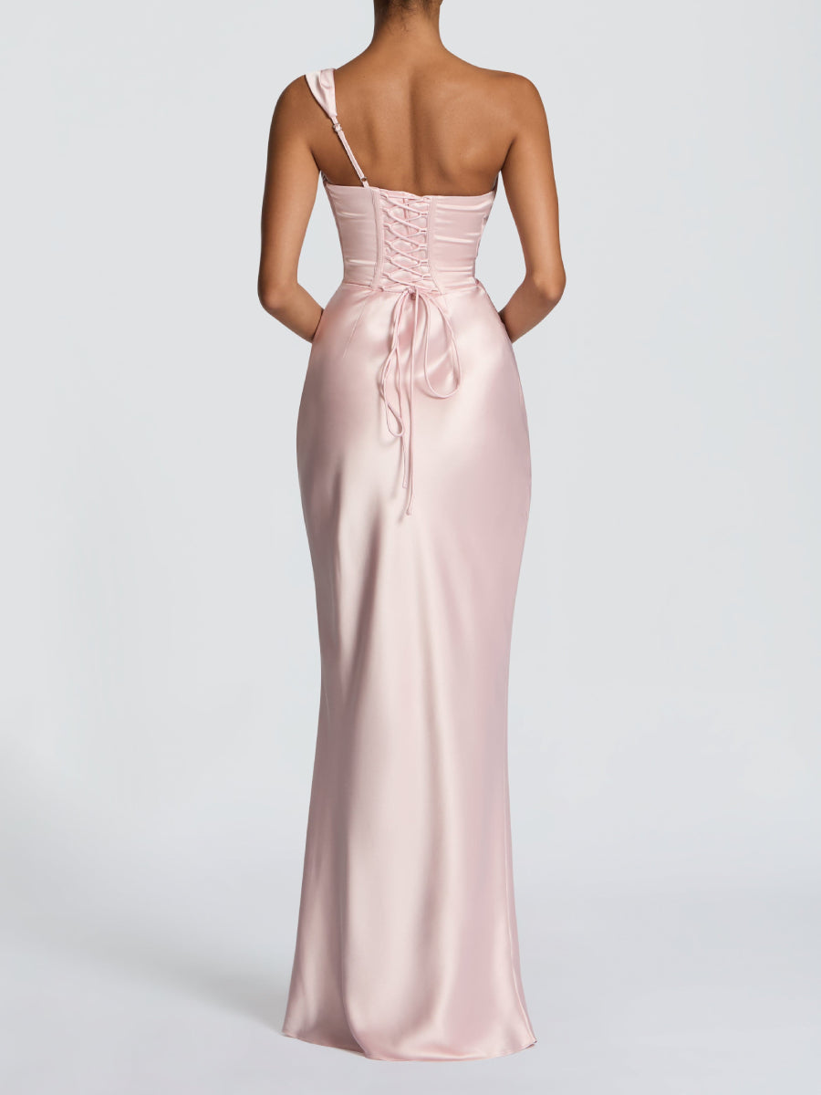 One Shoulder Cowl Neck Boned Corset Ruched Satin Mermaid Maxi  Dress