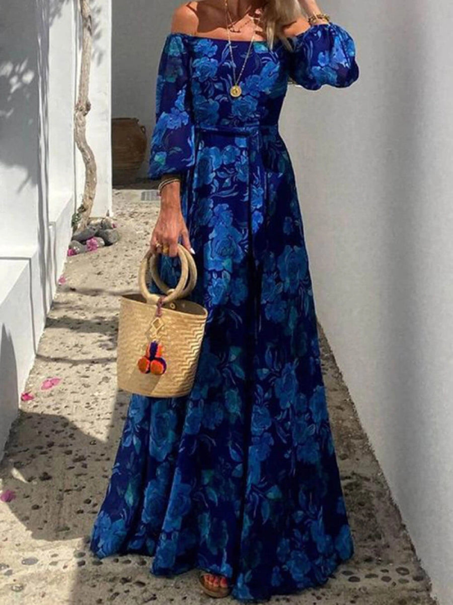 Royal Blue Floral Off Shoulder Puff Sleeve Chiffon Maxi Dress