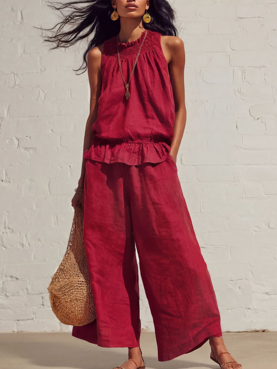 Linen Smocked Neck Ruffle Hem Tank Top Wide Leg Pants Two Piece Matching Set