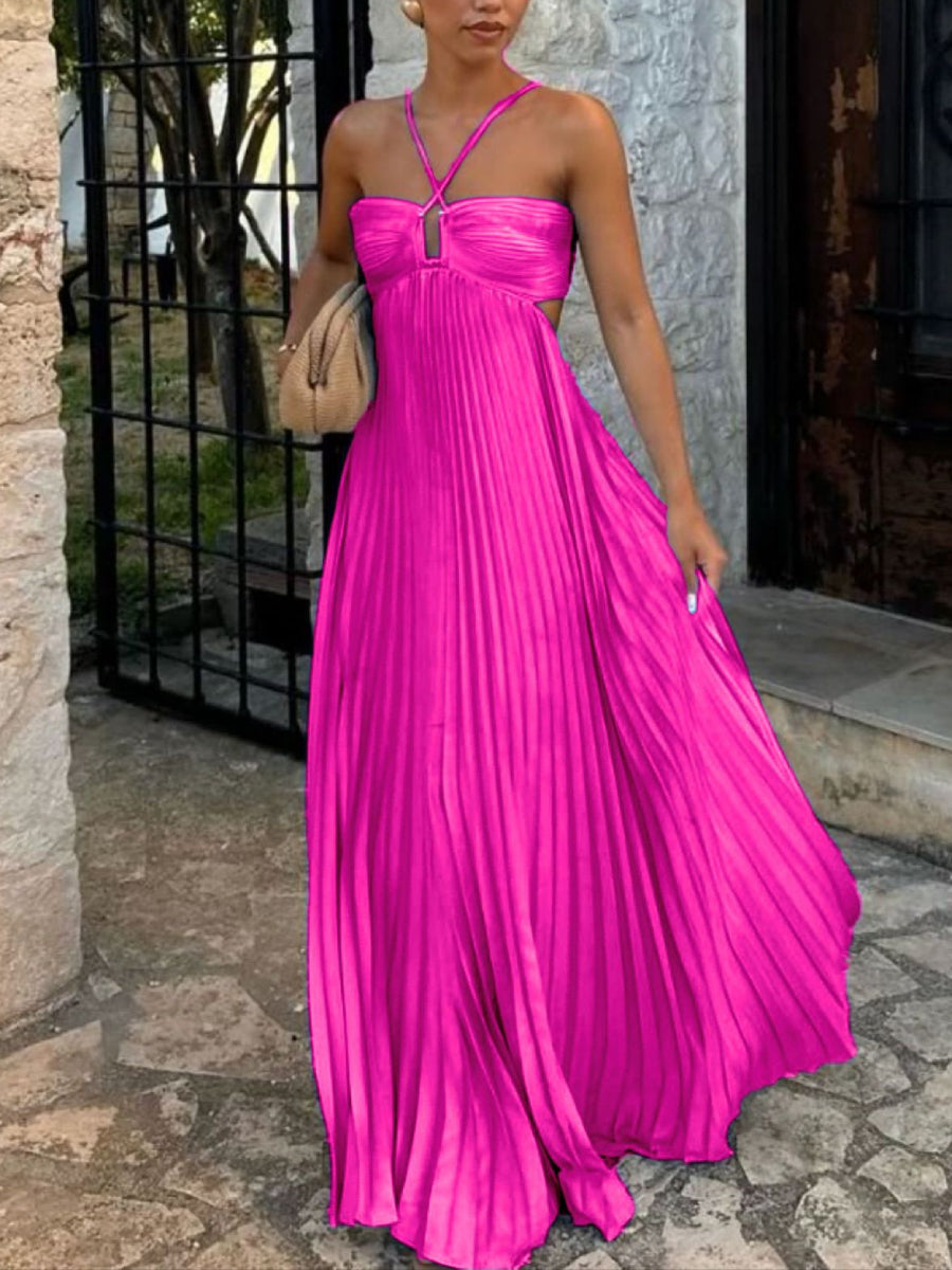 Halter Cross Strap Keyhole Cutout Side Waist Hollow Pleated Chiffon Maxi Dress