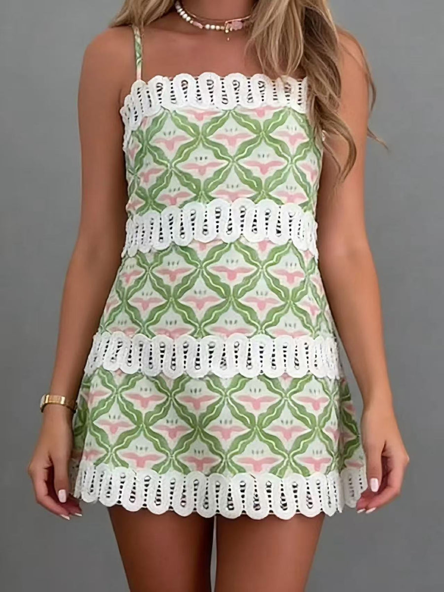Women Square Neck Multi Layer Hollow Out Crochet Lace Trim A Line Short Vacation Dress
