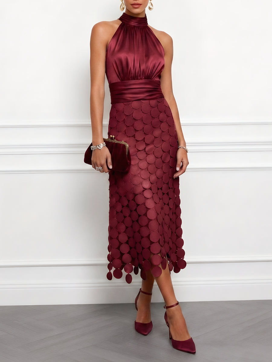 Halter Neck Ruched Satin Waist Circular Cutout Mesh Midi Dress
