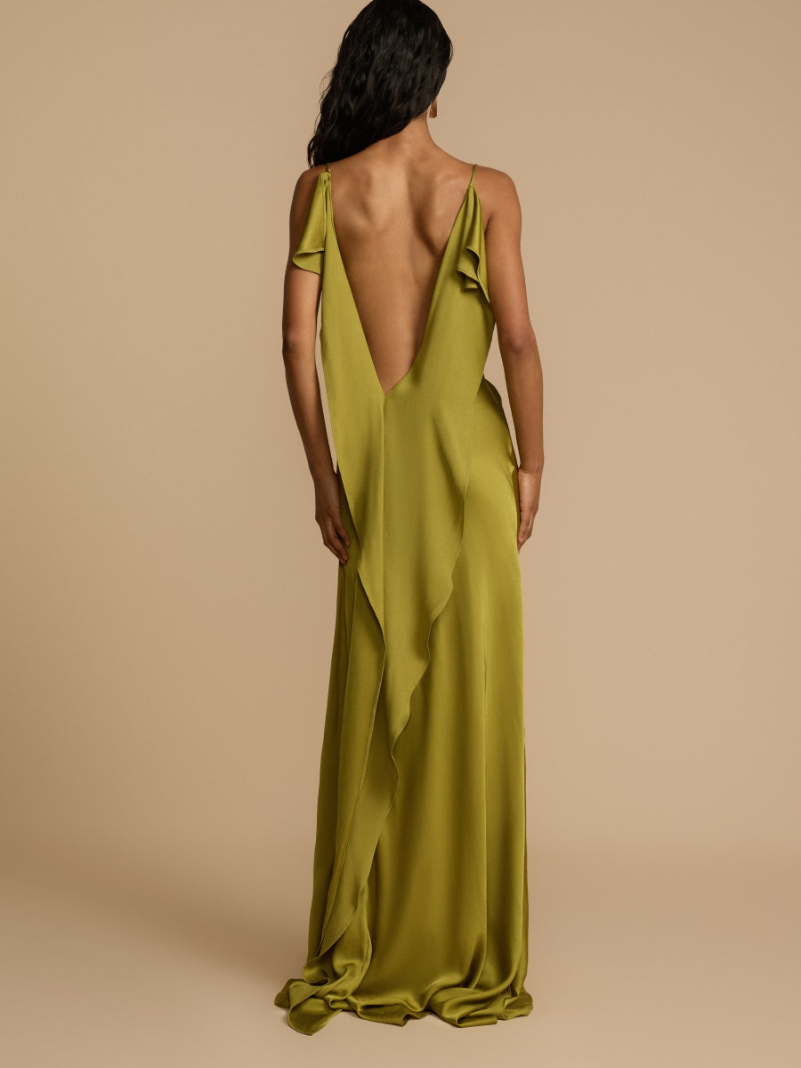 Olive Green Satin Cowl Neck Spaghetti Strap Maxi Dress with High Side Slit
