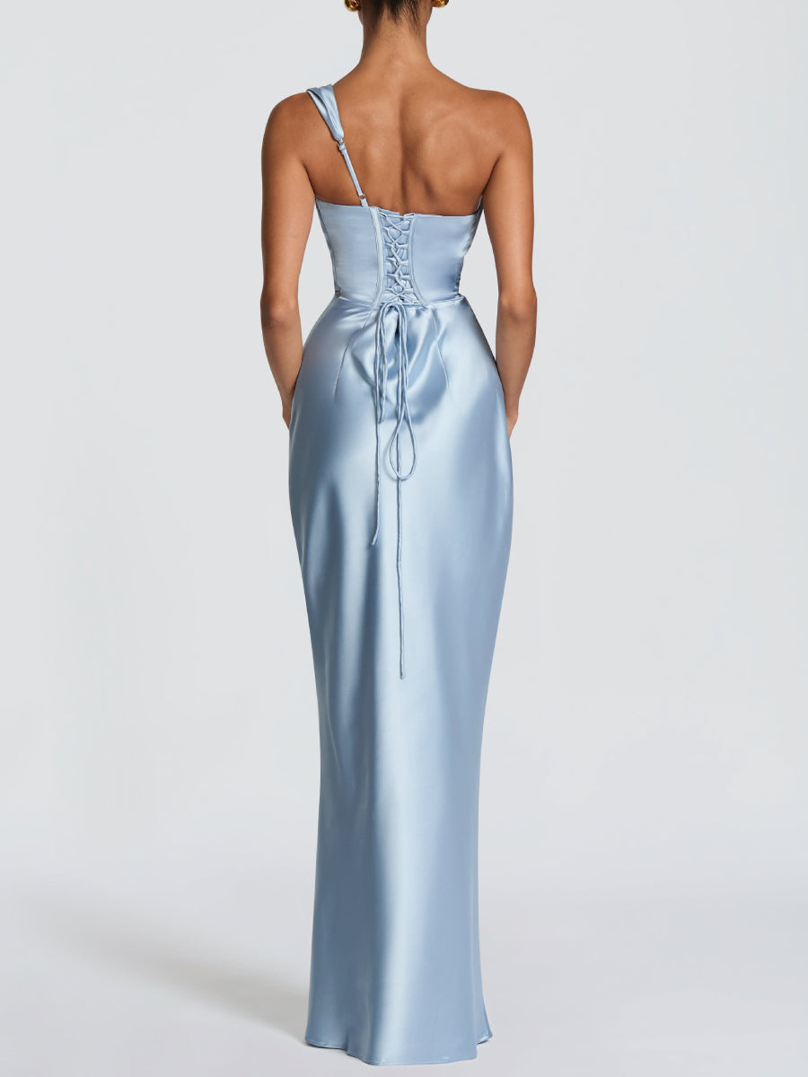 One Shoulder Cowl Neck Boned Corset Ruched Satin Mermaid Maxi  Dress