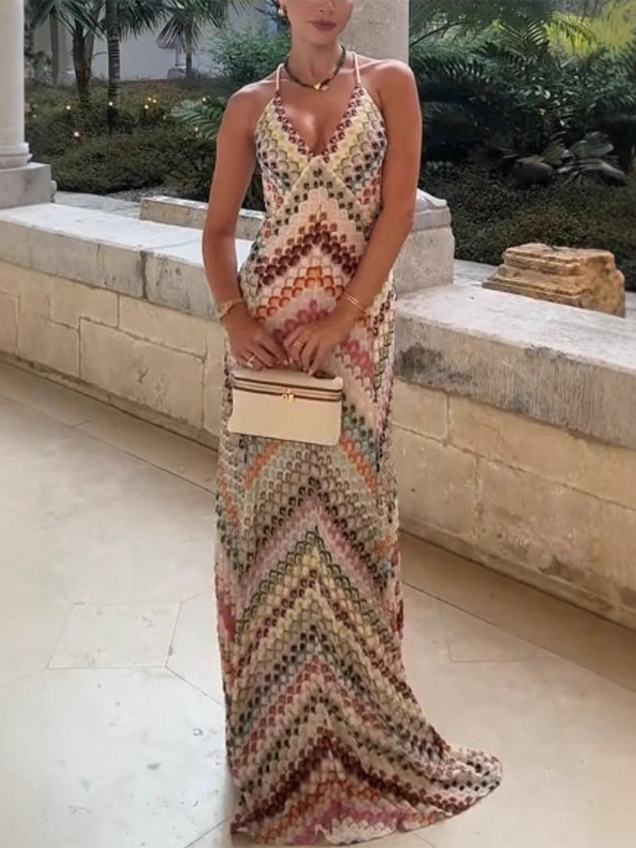 Chevron Crochet Spaghetti Strap V-Neck Maxi Slip Dress