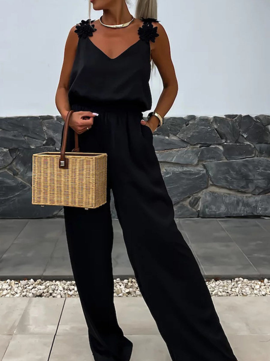 Solid Color Embroidered Flower Suspenders Casual Loose Jumpsuit