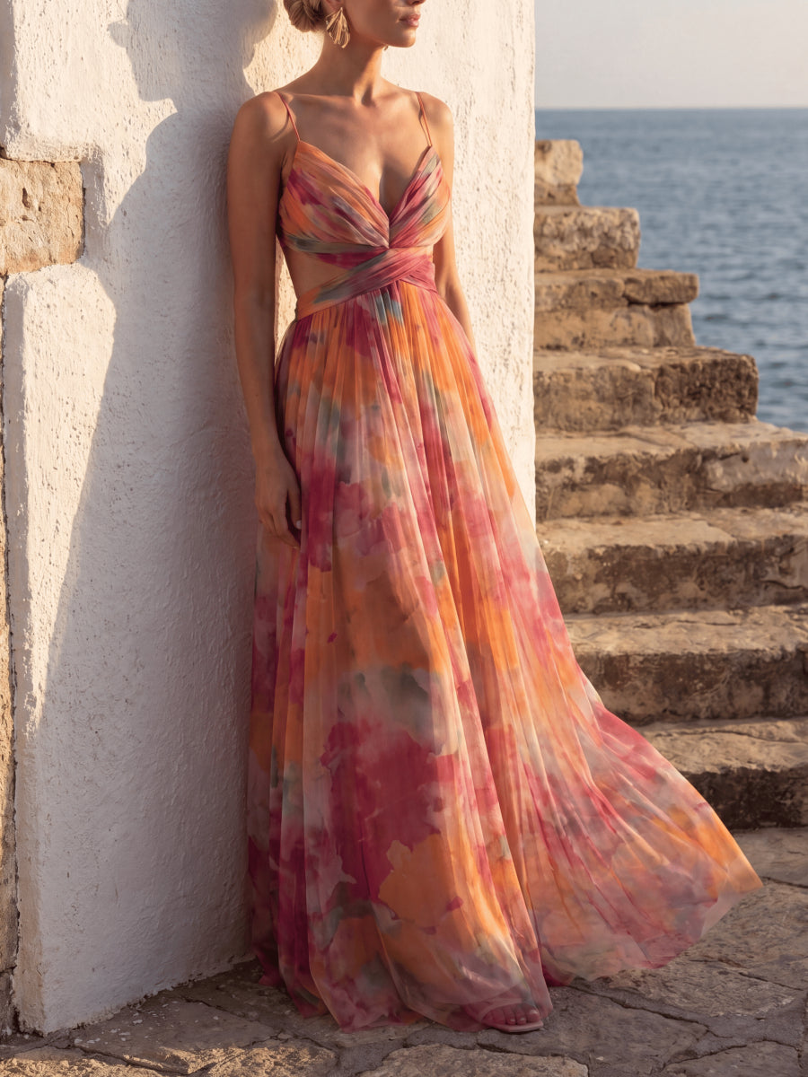 Watercolor Floral Print Tulle Maxi Dress Spaghetti Strap Cutout Waist Formal Gown