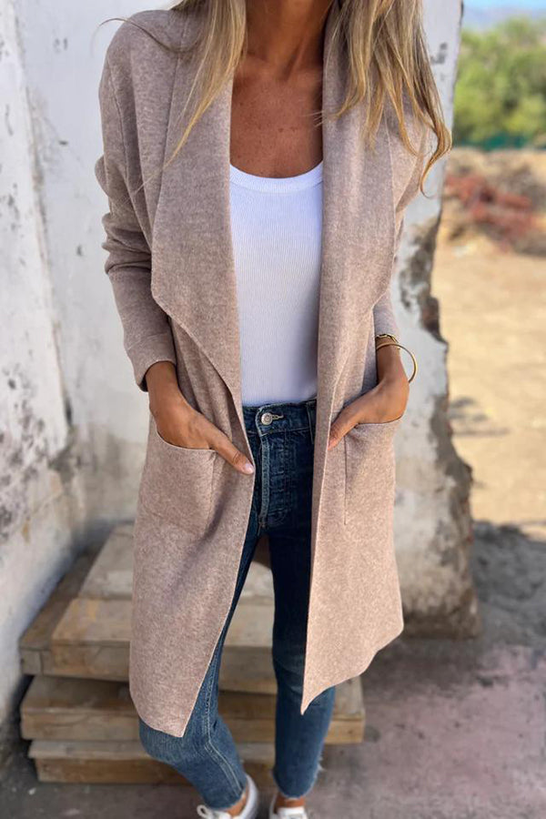 Flip collar mid length knitted cardigan thin woolen coat Main image