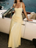 Thick Strap Square Neck Side Ruched Flowy Maxi Slip Dress