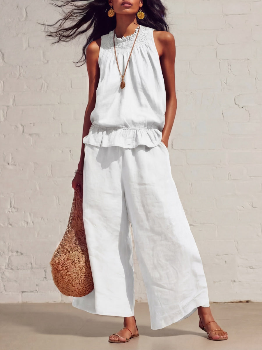 Linen Smocked Neck Ruffle Hem Tank Top Wide Leg Pants Two Piece Matching Set