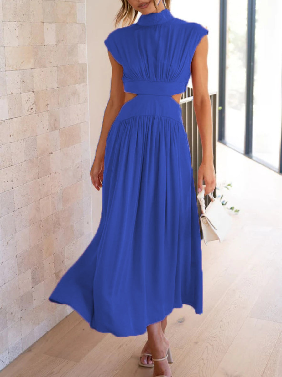 Satin High Neck Cap Sleeve Side Waist Cutout Pleated Midi Dress