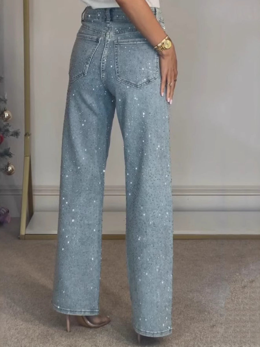 All Over Rhinestone High Waist Wide Leg Denim Jeans