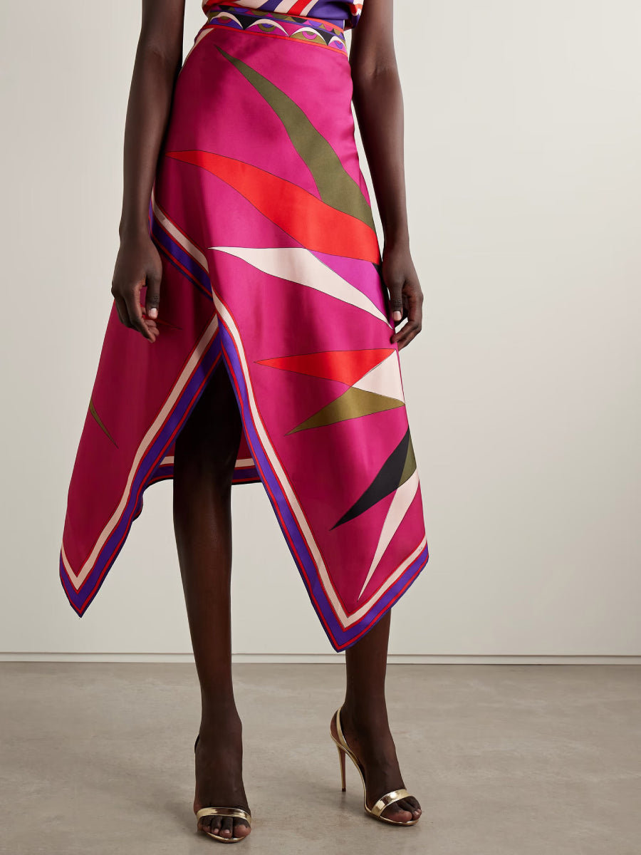 Abstract Geometric Print Halter Top Asymmetrical Hanky Hem Midi Skirt Set