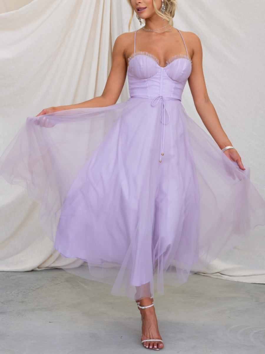 Romantic Ruched Sweetheart Thin Strap Multi-Layer Tulle Midi Dress